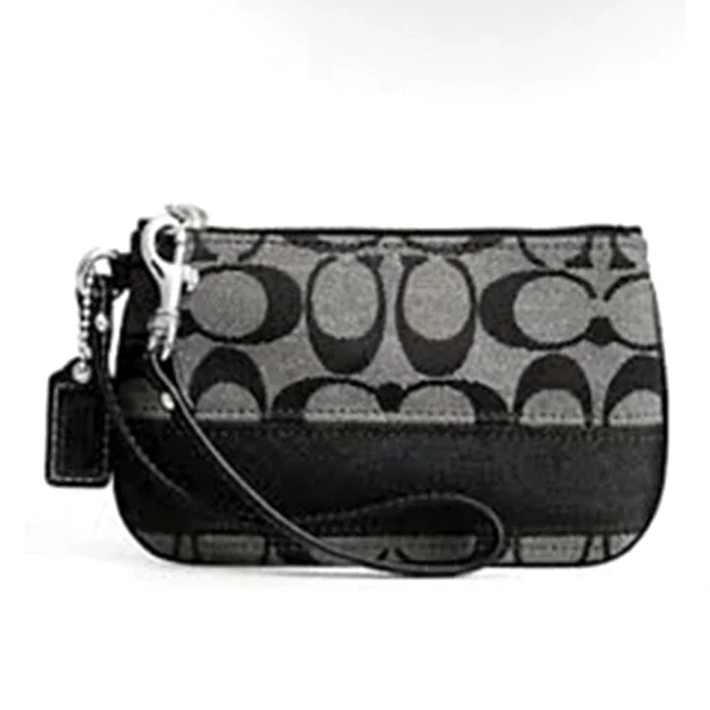 COACH Black Gray Signature Jacquard Stripe Leather Trim Wristlet Top Zip Bag Tag